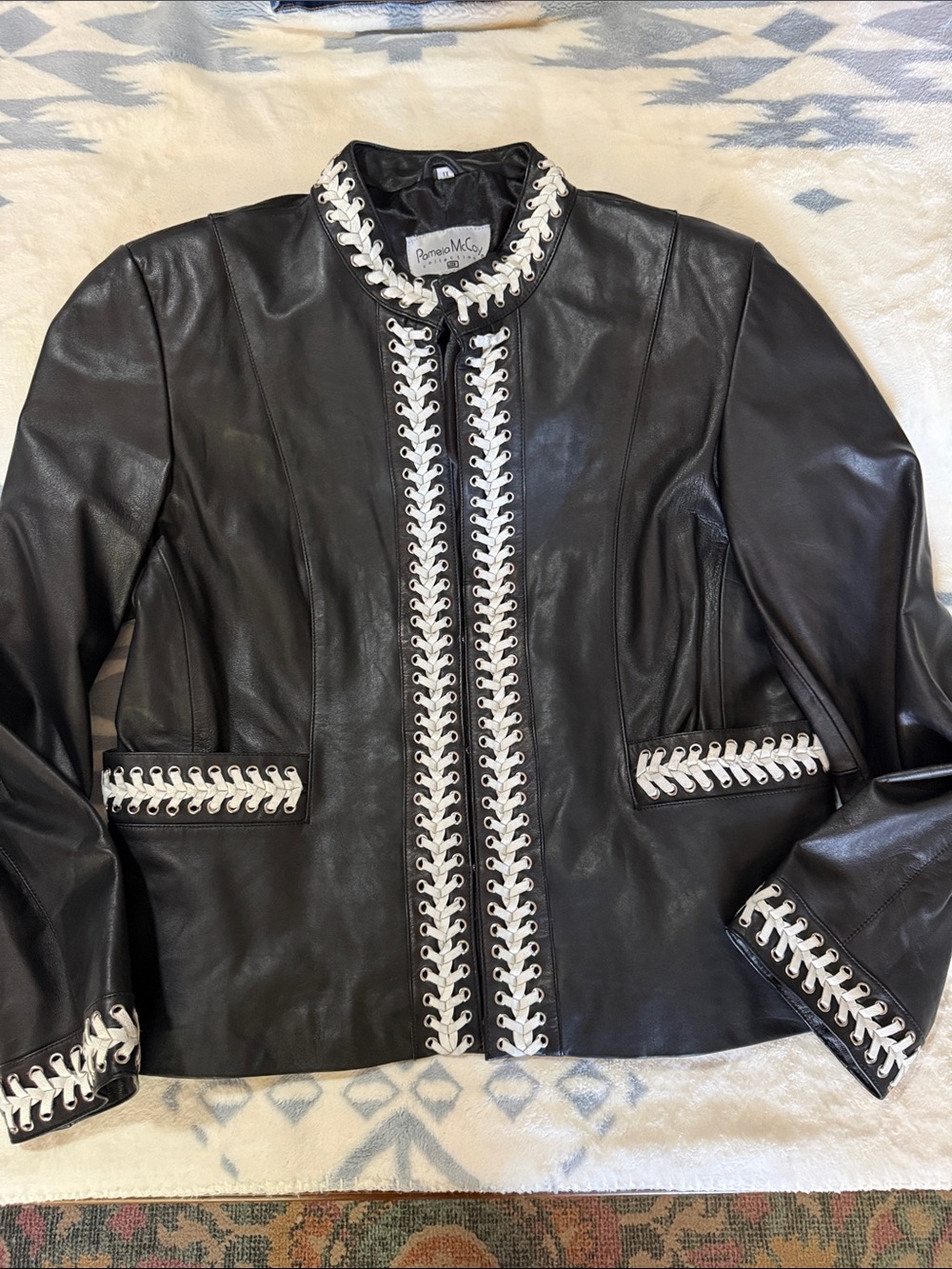 Vintage Pamela McCoy Black Leather Jacket with White Trim